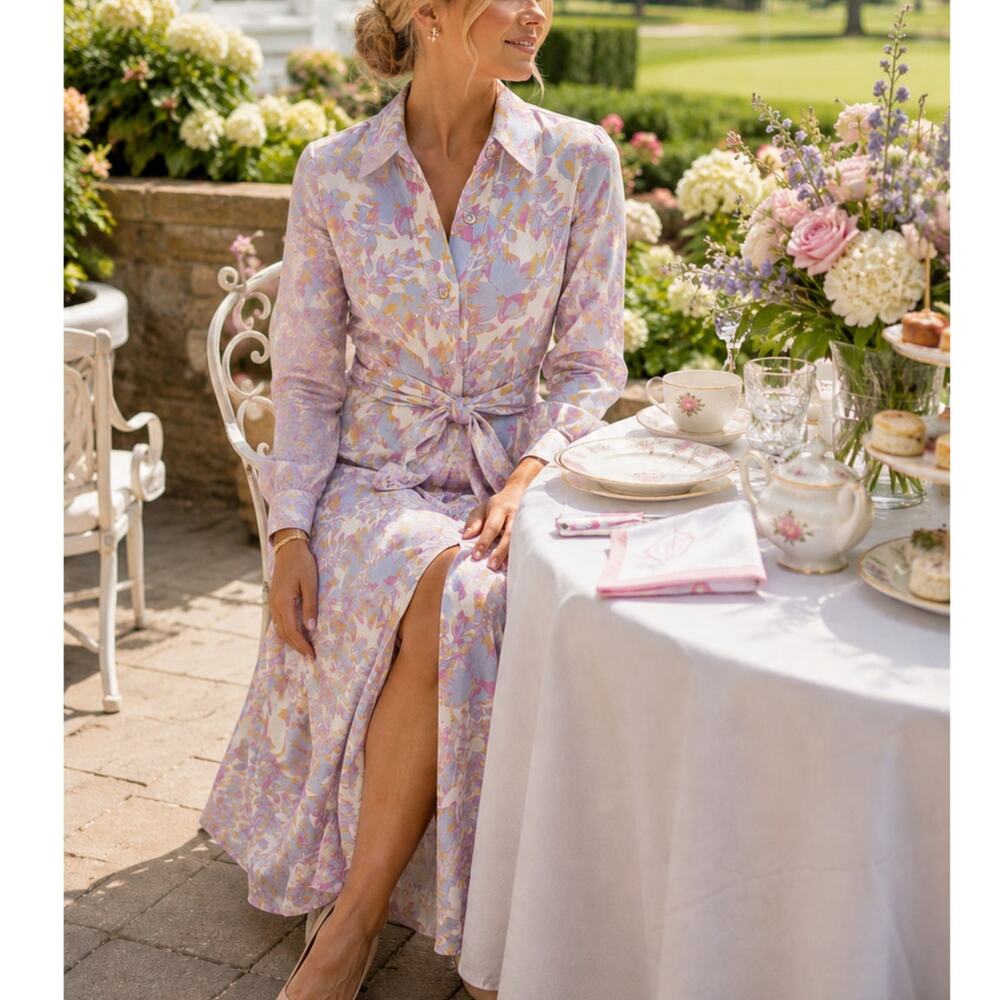 Rebecca Vallance Fleur Floral Midi Shirt Dress Tie Waist Pastel size US 2 - Picture 4 of 14
